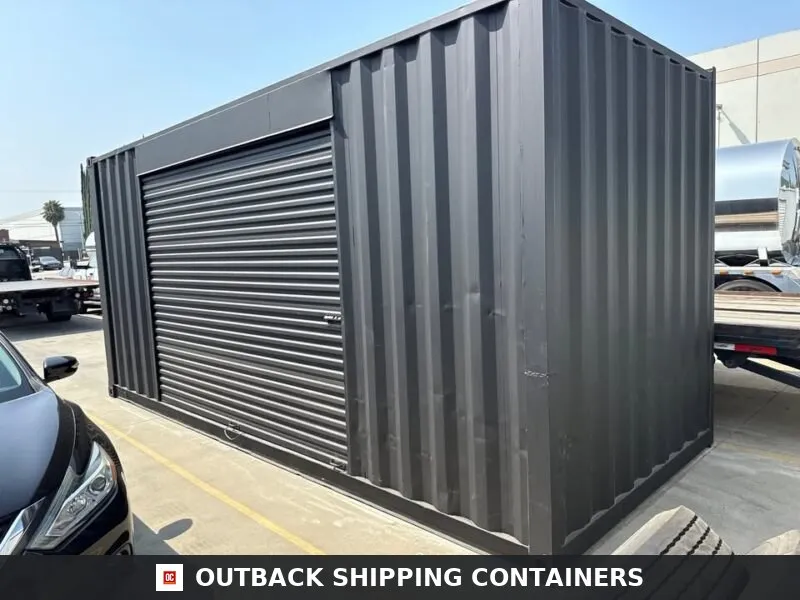 20ft Used Shipping Container – Matte Black w/ 12 Side Roll-Up Door