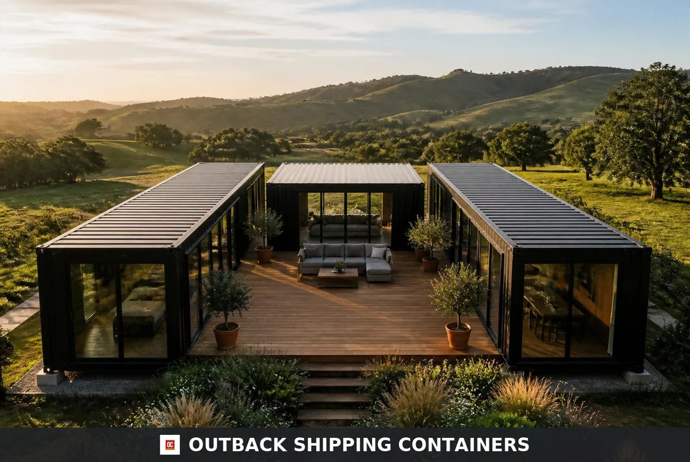 Trinity 100ft U-Shape Modular Container Home — 2 Bedroom, 2 Bathroom, Central Deck (Two 40ft + One 20ft)