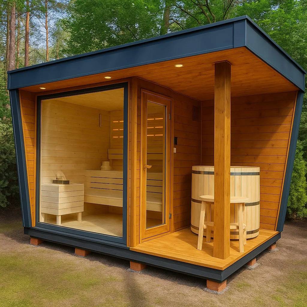 Modern 4–6 Person Outdoor Sauna Cabin with Ice Bath & Porch –Price Starting