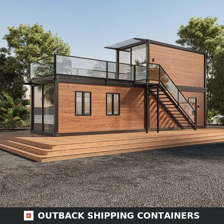 Two-story container home with an upper deck